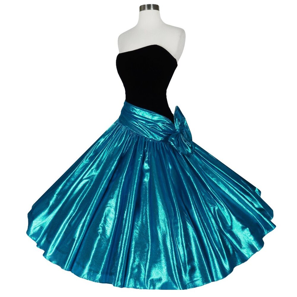 Vintage 80s Blue Metallic Lamé Full Skirt Strapless Black Prom Party Dress S Zum